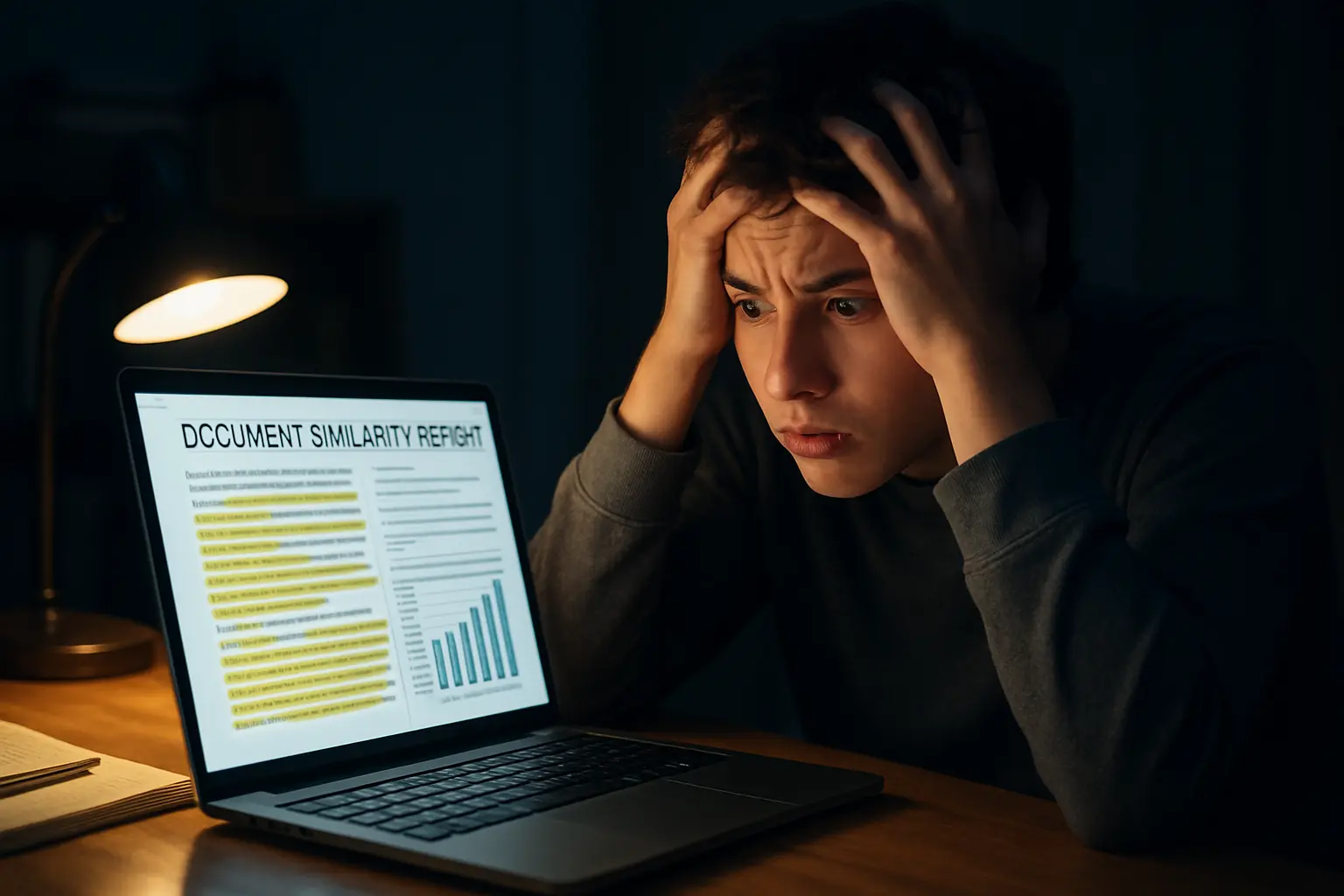 Similarity report on a laptop screen revealing many highlighted matches in a document