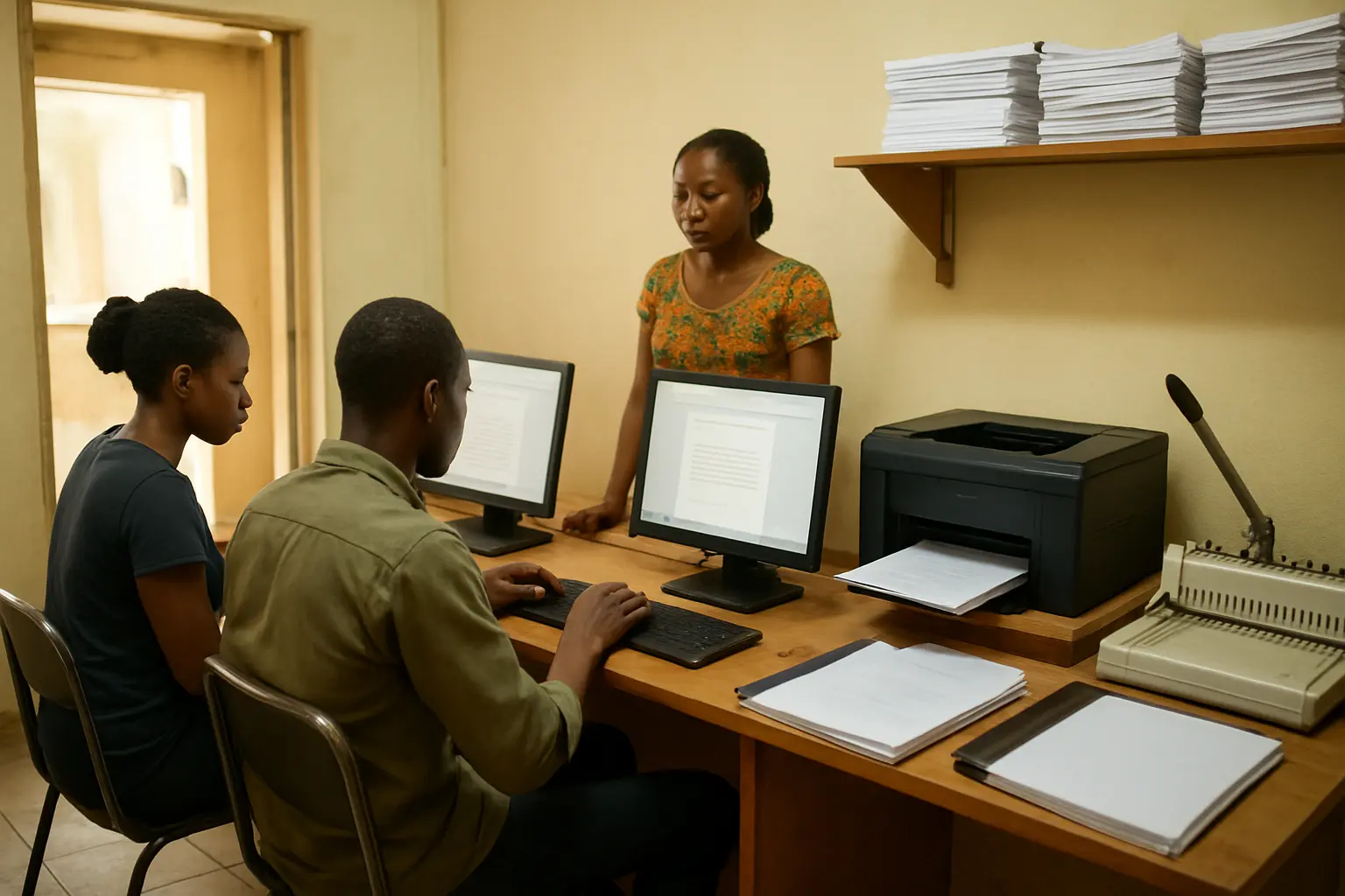Students editing and printing project chapters at a Nigerian campus business centre