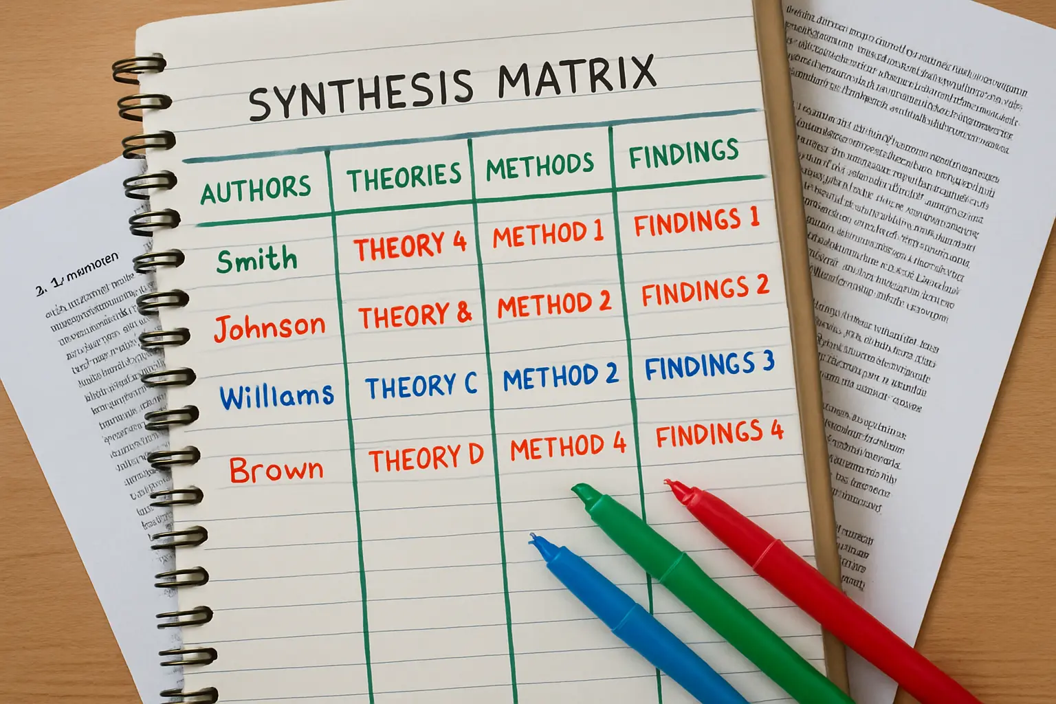 Synthesis matrix organising literature by theme