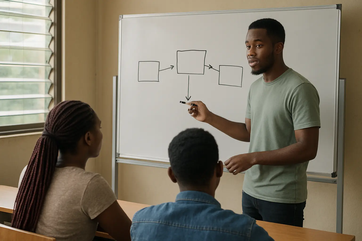 A Nigerian student explaining a theory-to-variables diagram on a seminar room whiteboard