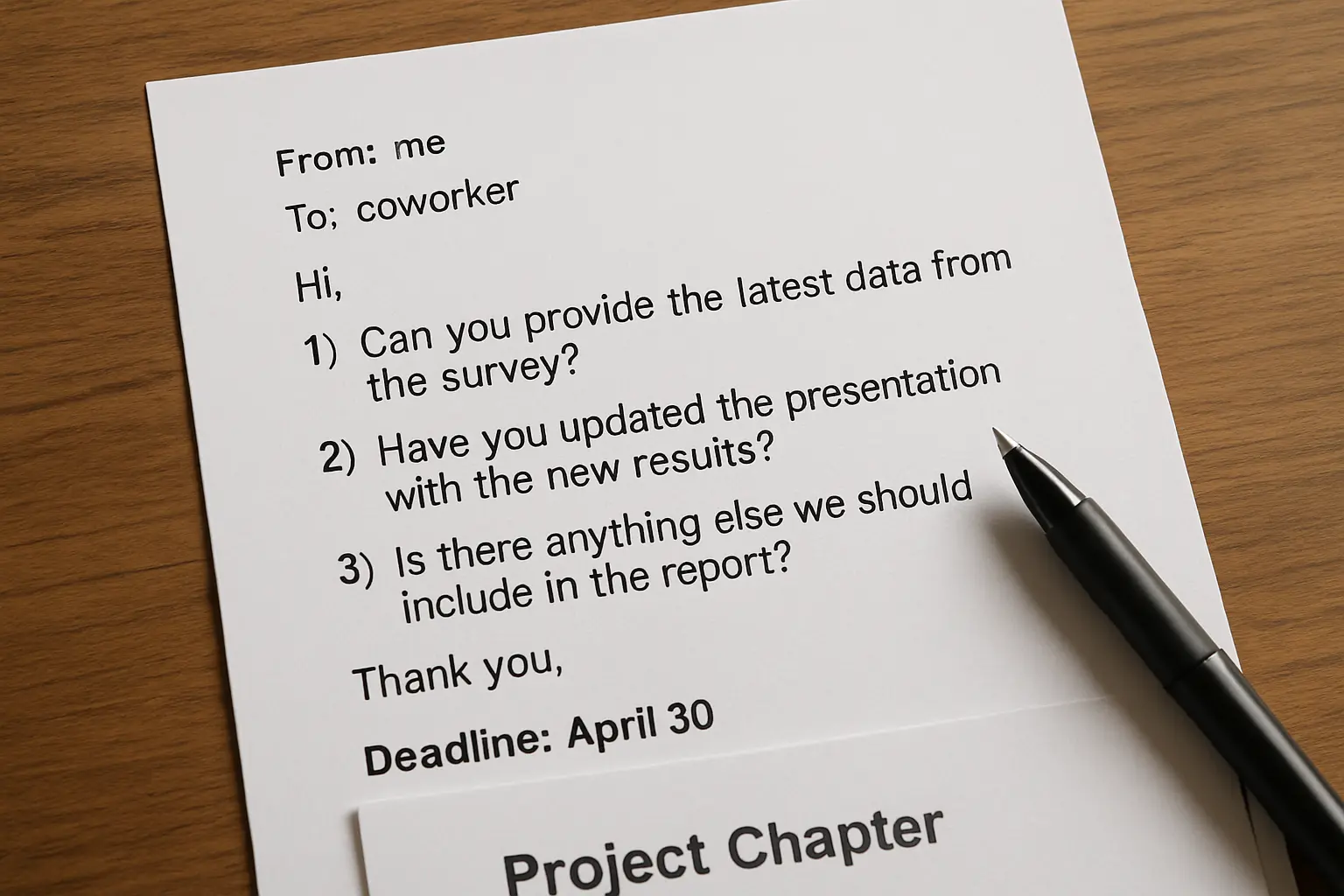 A printed email containing three numbered questions and a stated deadline, resting on a project chapter