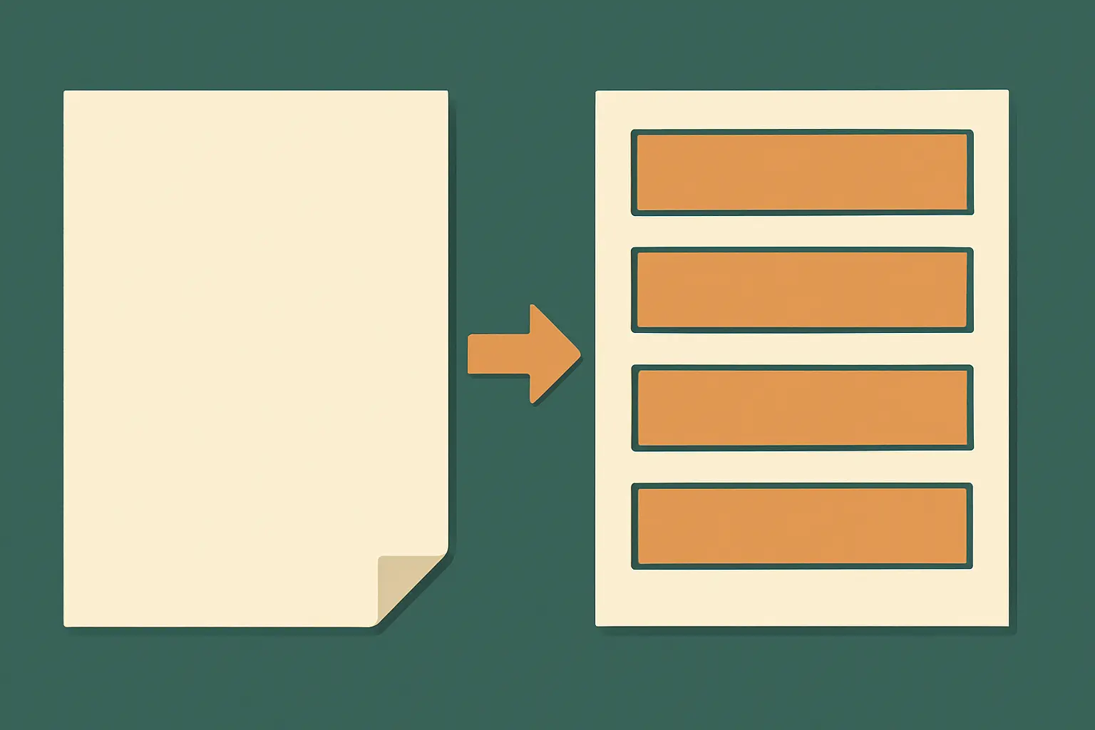 Flat vector illustration of a blank page turning into a structured outline of sections
