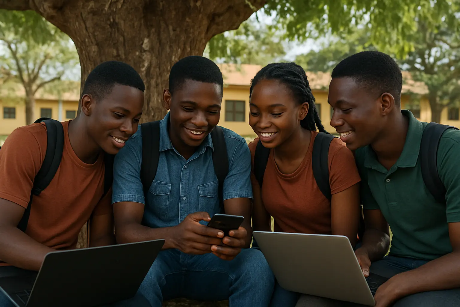 Nigerian students clustered around a phone under a campus tree sharing a mobile hotspot