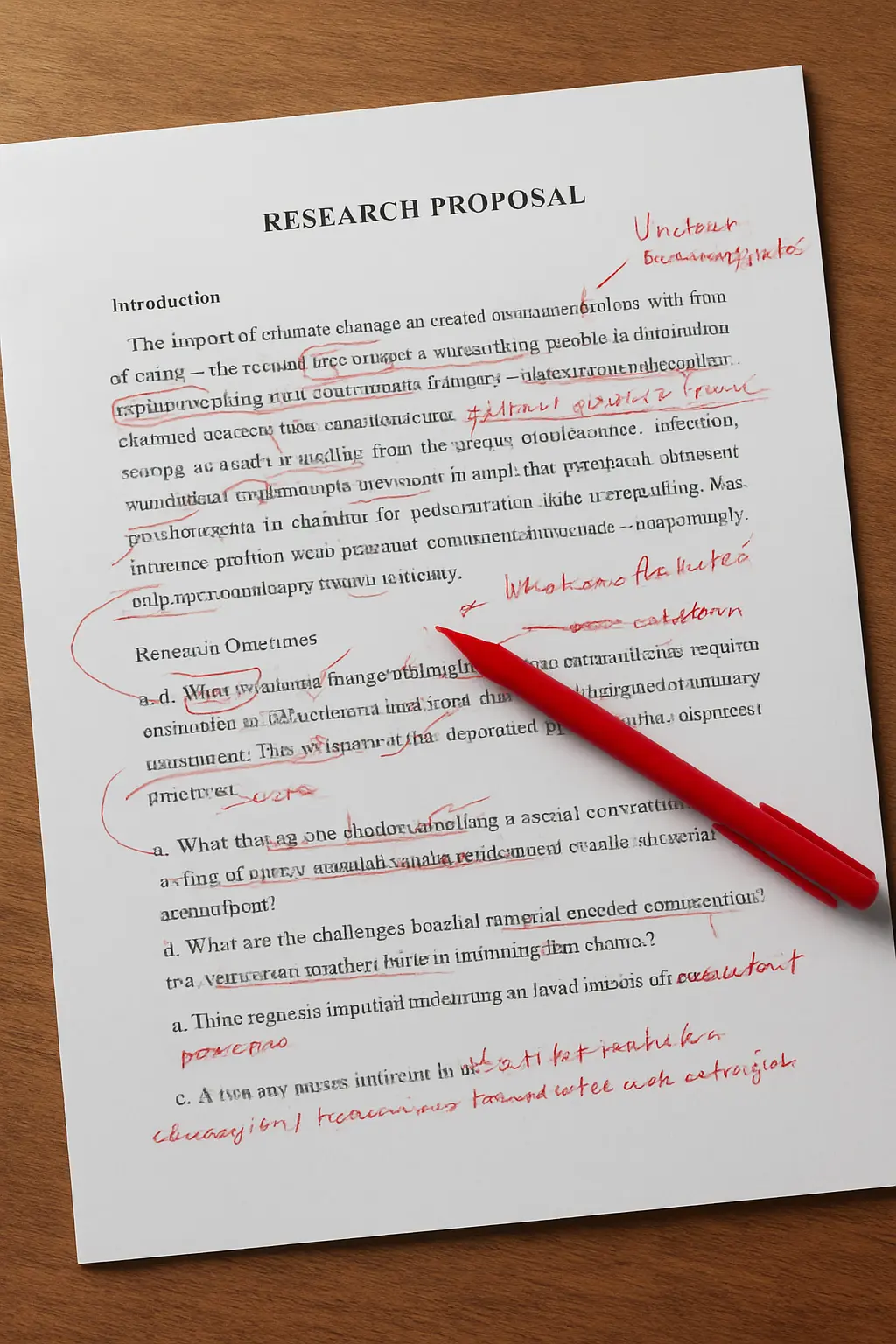 A printed research proposal covered in red-ink supervisor corrections with a red pen resting on the page