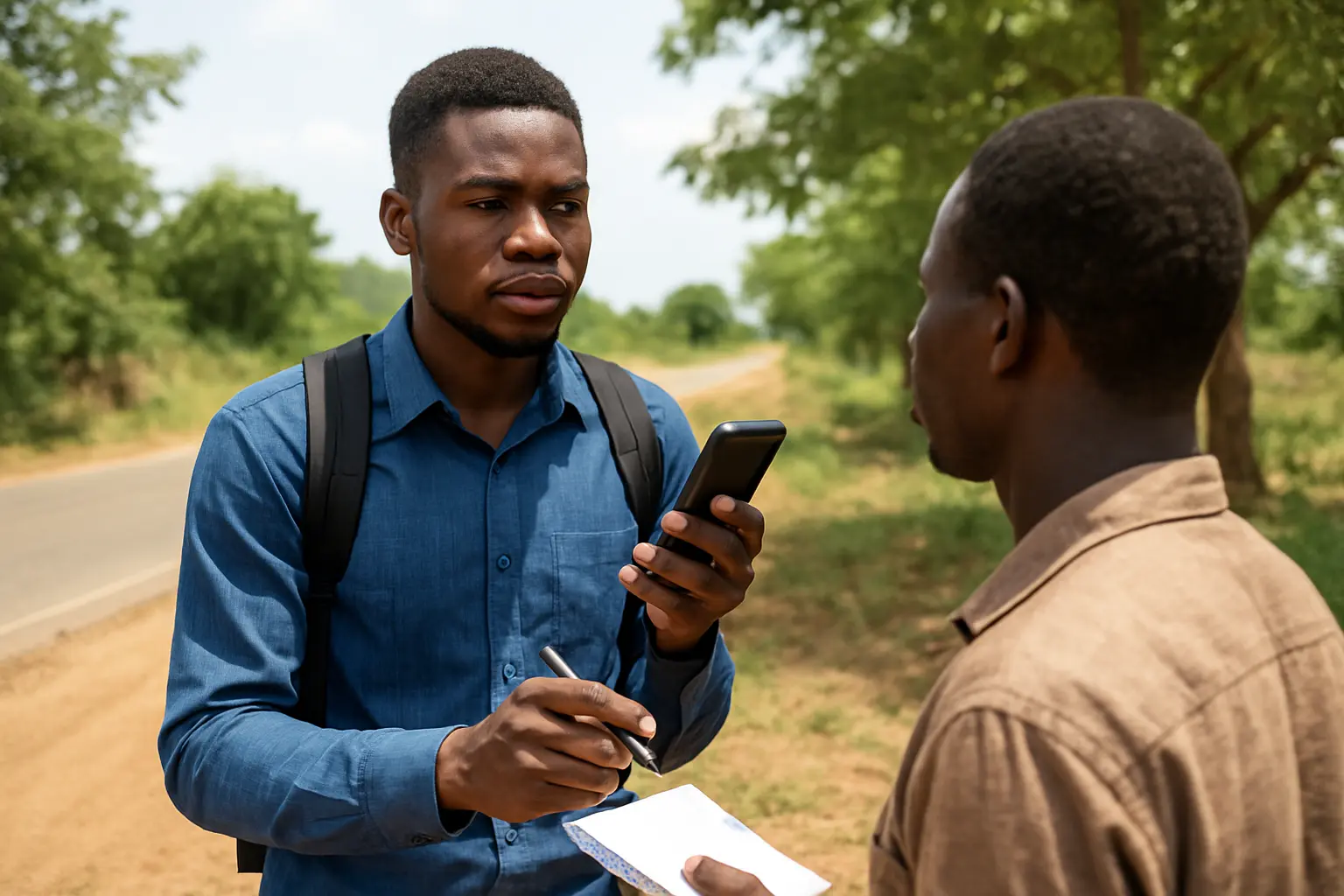 A researcher recording a respondent's answers on a phone outdoors in a rural Nigerian setting
