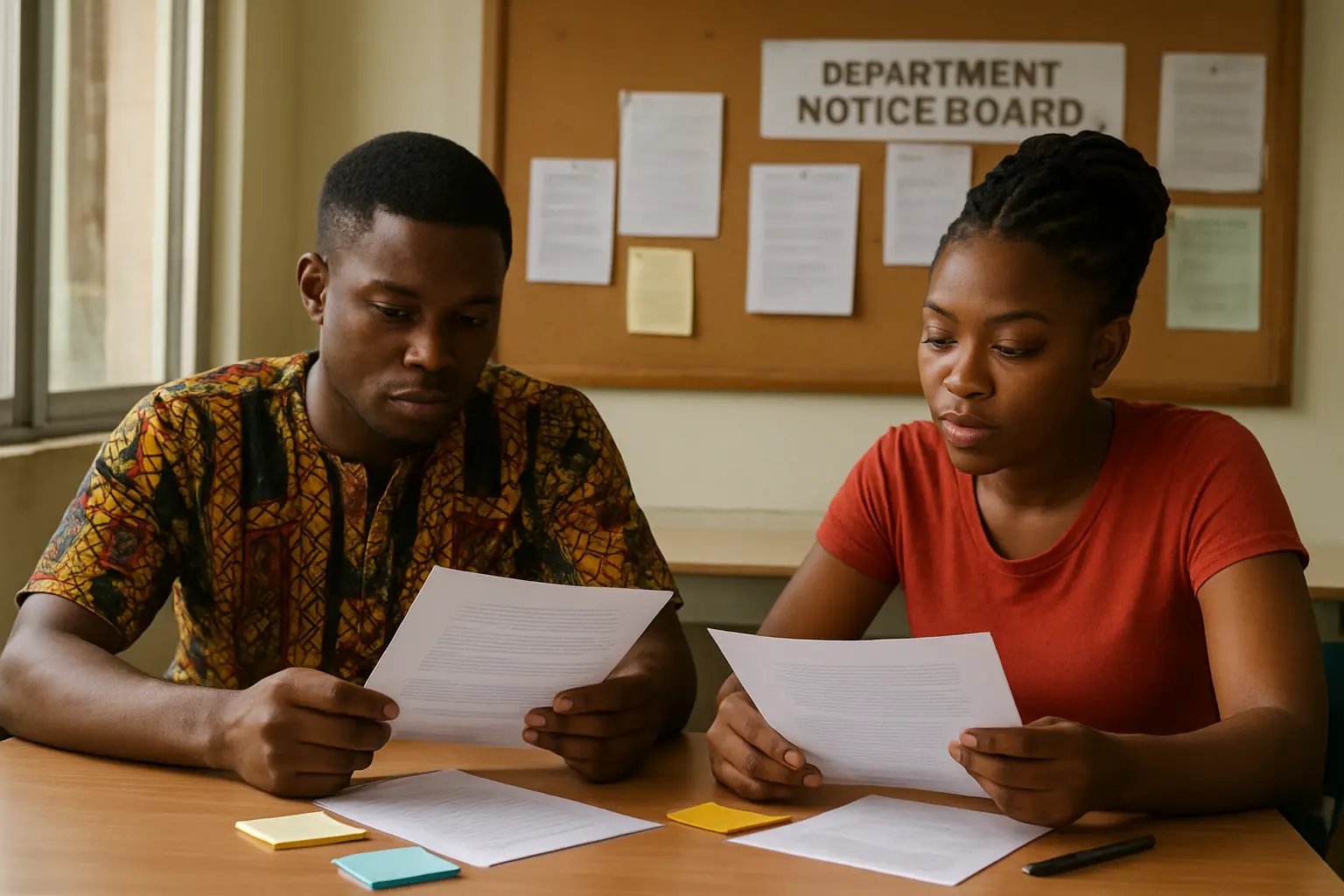 Two students reviewing each other's printed project chapters in a campus study room