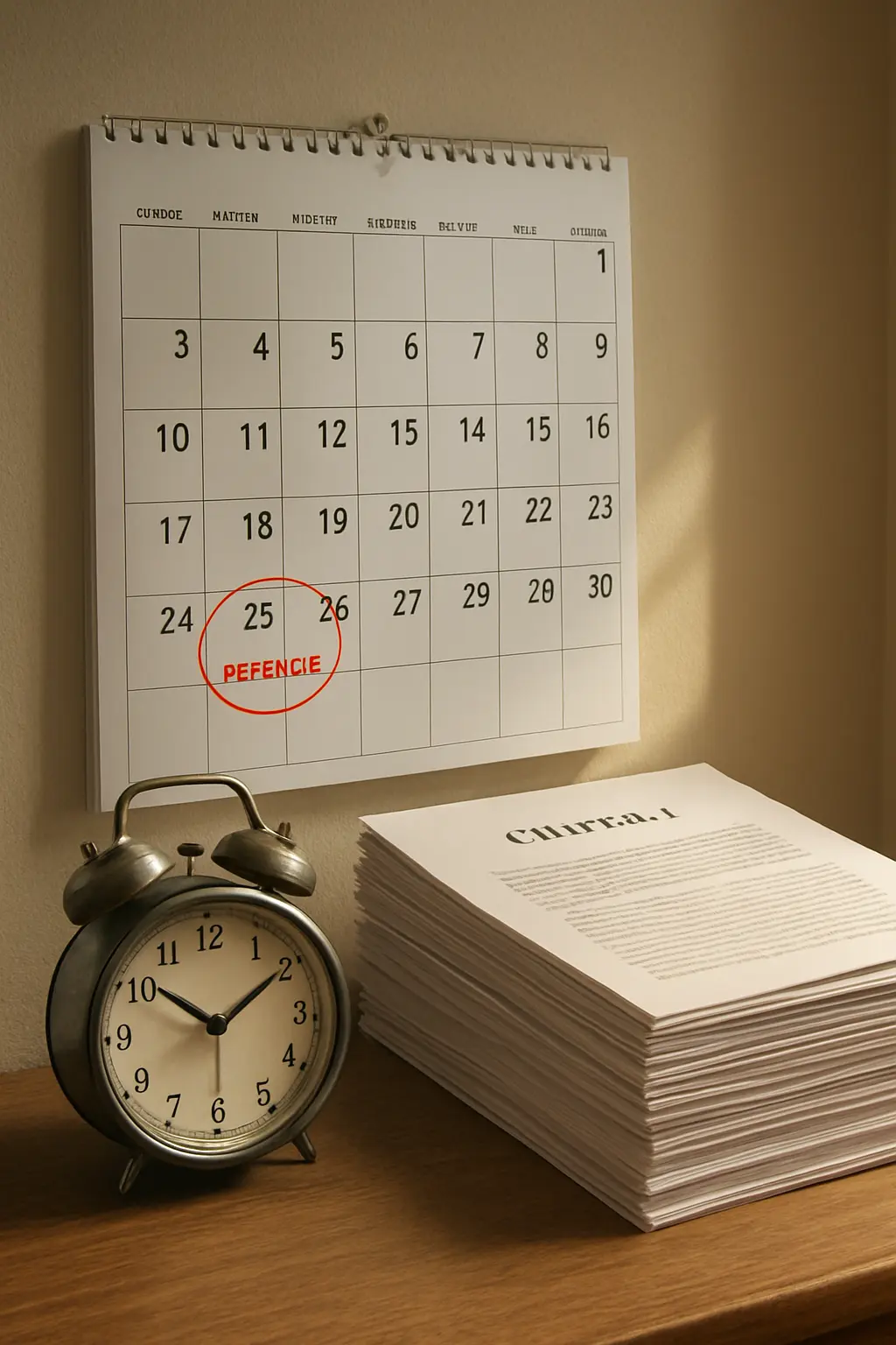 A wall calendar with a circled project defence date beside a stack of printed chapters