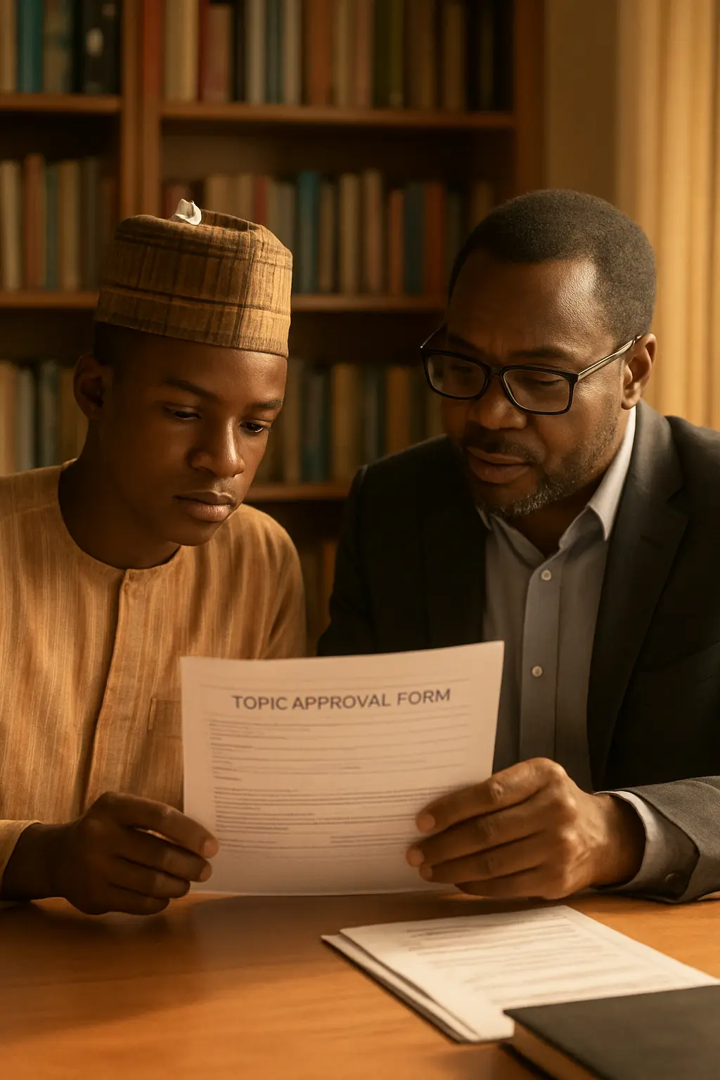 A Nigerian student and project supervisor reviewing a topic approval form together in a university office
