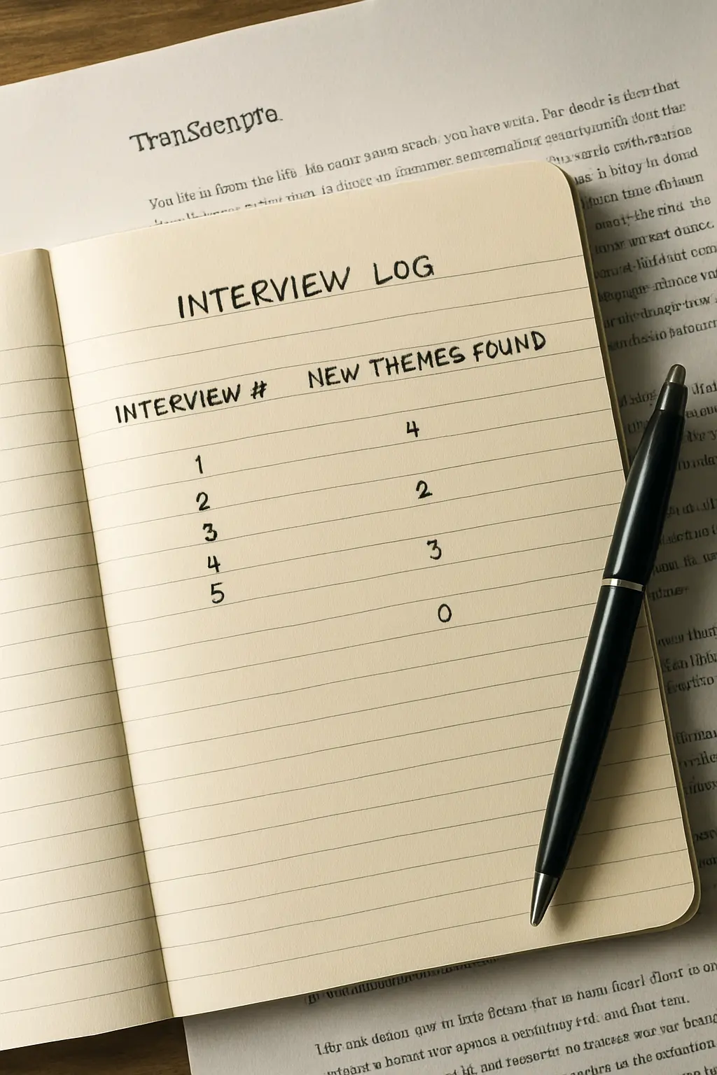 A handwritten log tracking new themes found per interview, with zeros in the final rows