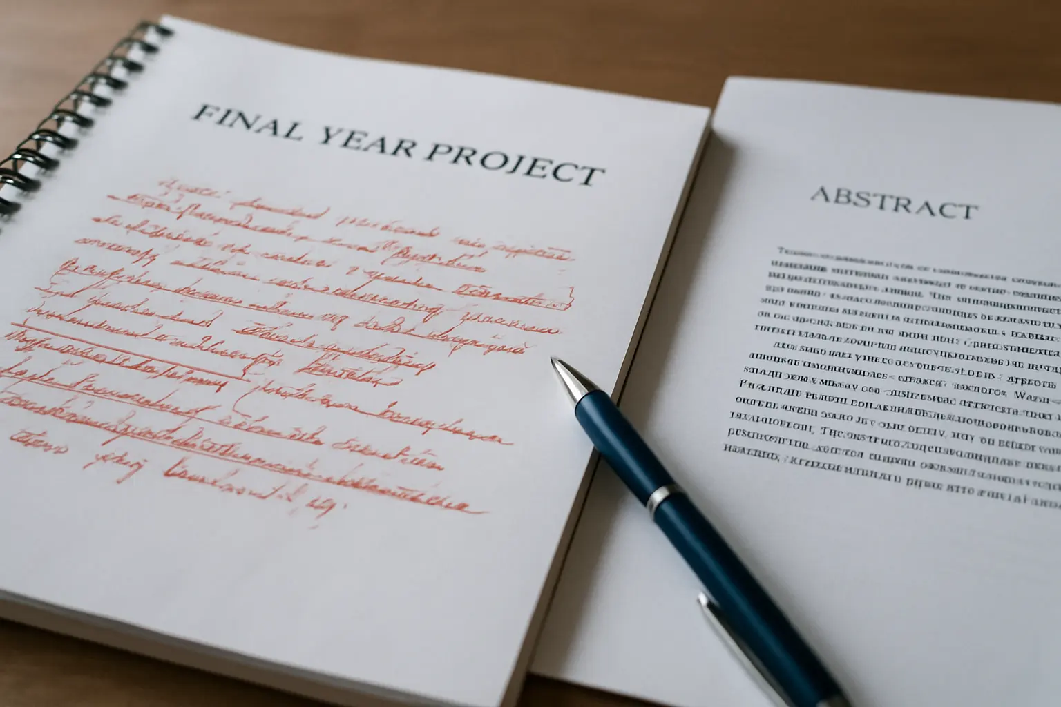 A bound final year project open on a desk with handwritten panel corrections in the margin