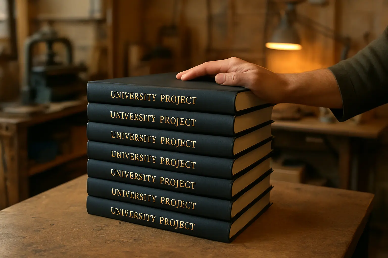 Several hardbound final year project copies stacked after binding
