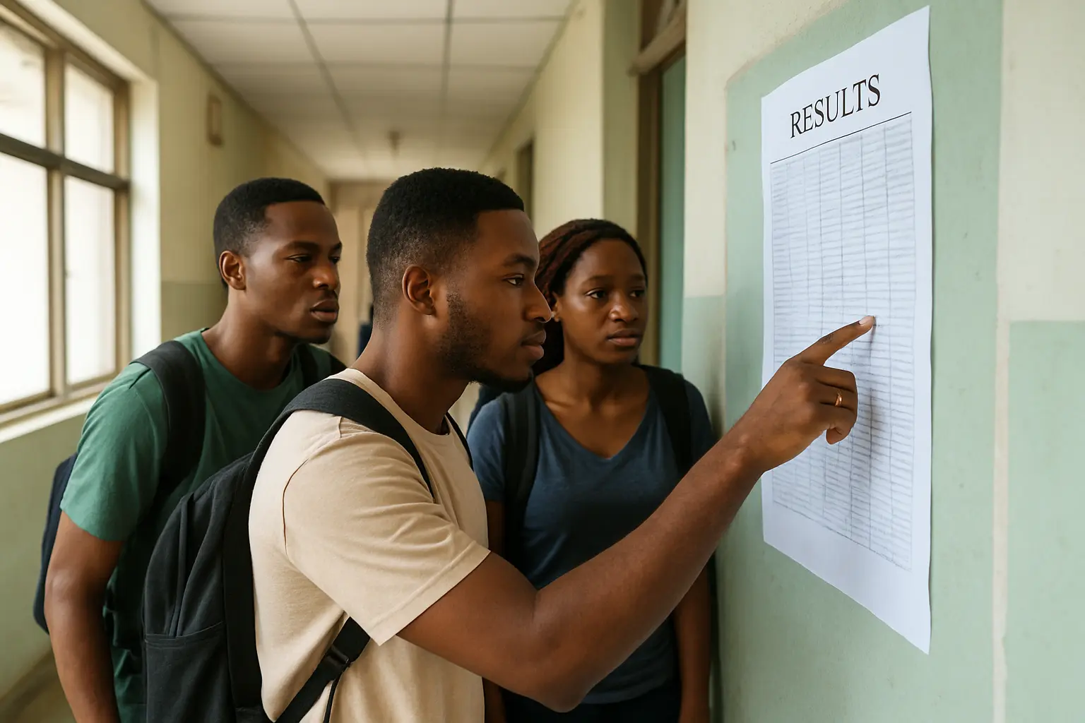 Nigerian students reading a departmental results notice board showing grades and classes of degree