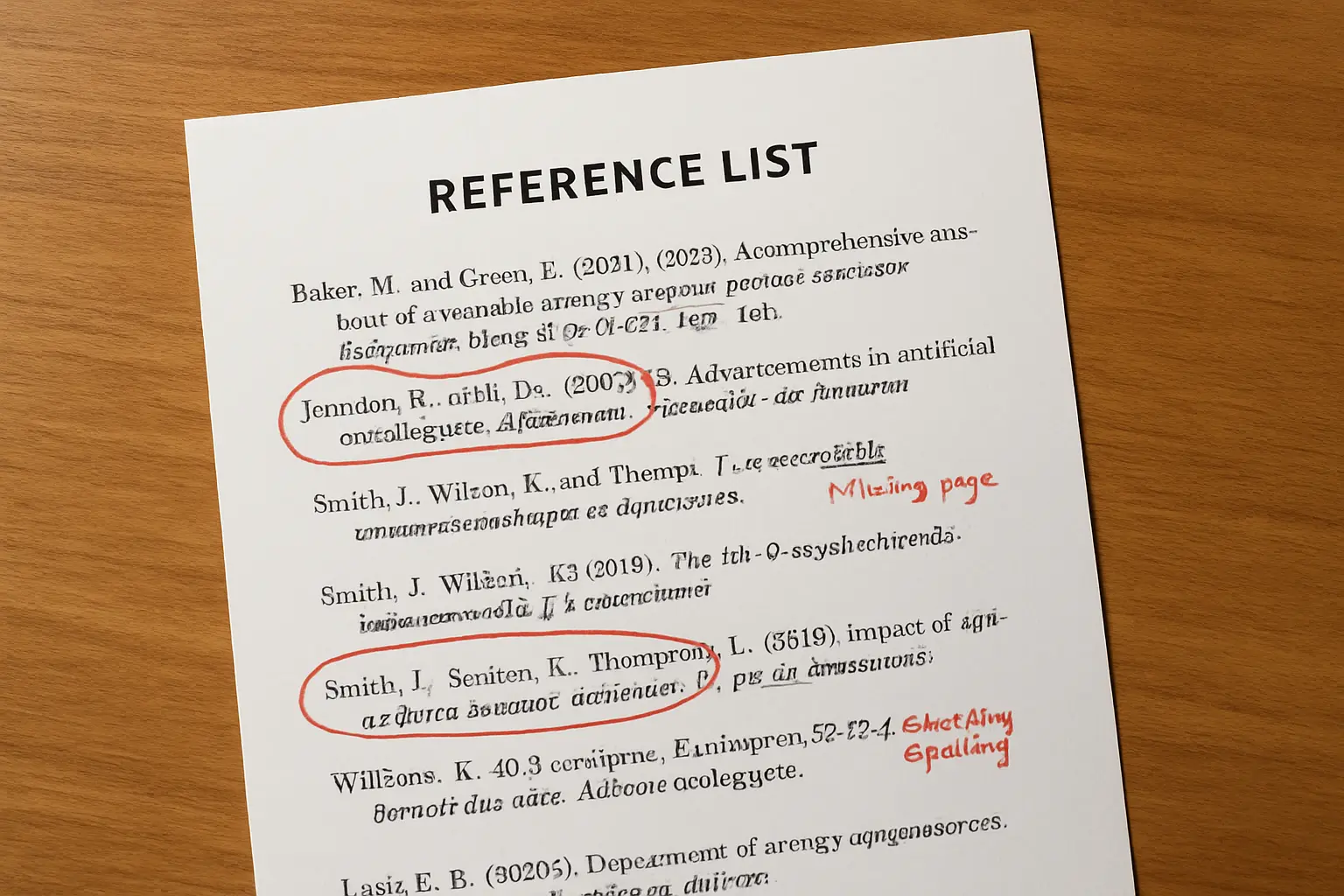 A printed reference list with entries circled in red pen and correction notes written in the margin