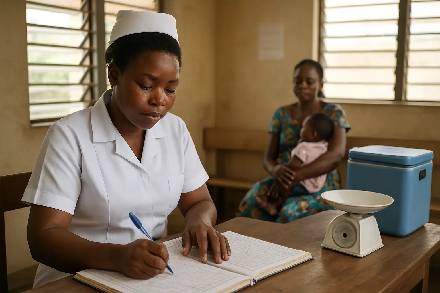A Nigerian student nurse checking an immunisation register at a primary health care centre for a final year project