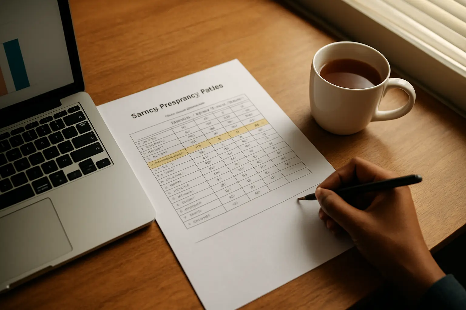 A Nigerian student highlighting one row of a printed survey frequency table beside a laptop bar chart