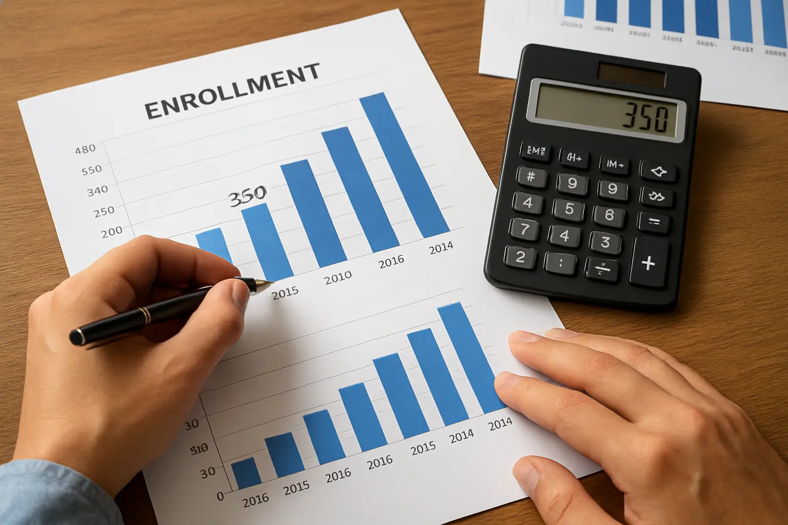 Bar chart printouts and a calculator on a desk with hands annotating enrolment figures