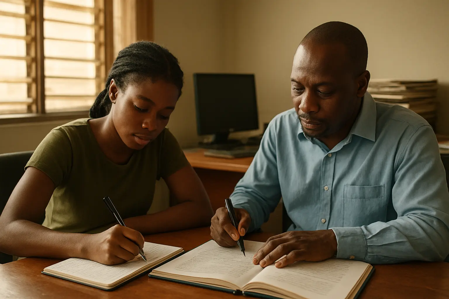 A Nigerian student and supervisor sitting together marking which sections of a bound project will survive into a short paper