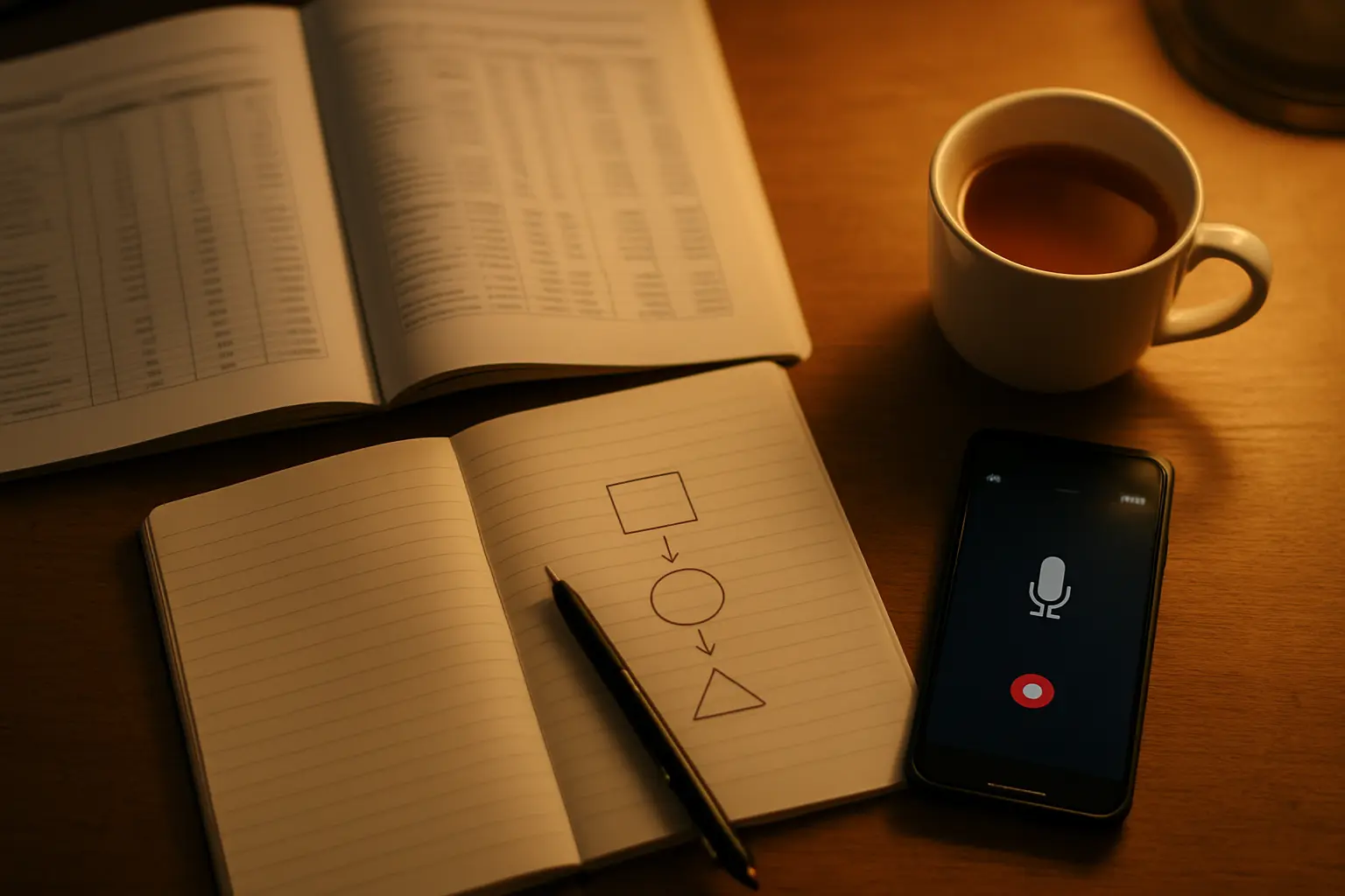 A Nigerian student’s desk with a company annual report, interview recorder and notebook for a case-study project