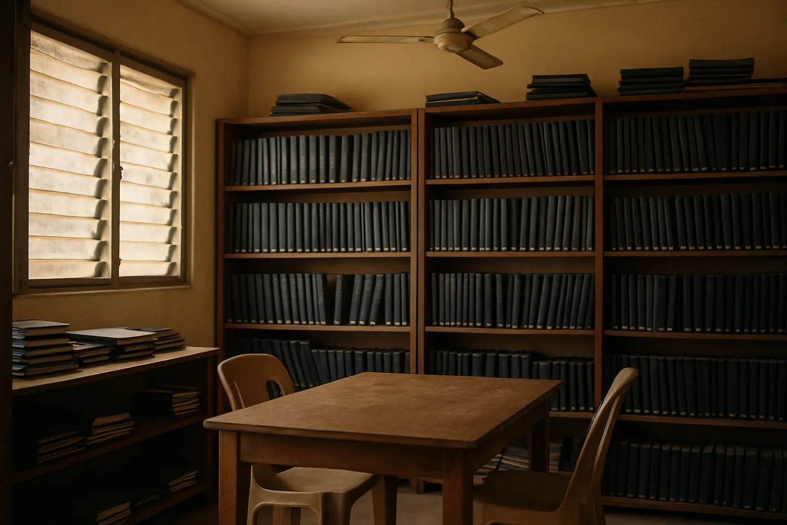 Shelves of bound final year projects in a Nigerian university departmental library