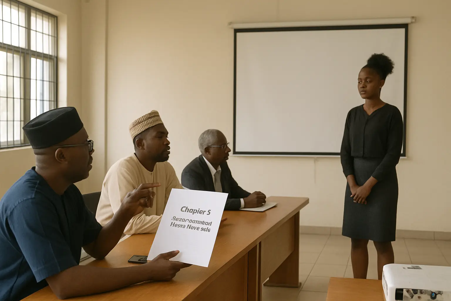 An examiner holding the final chapter of a project open while questioning a student at a defence