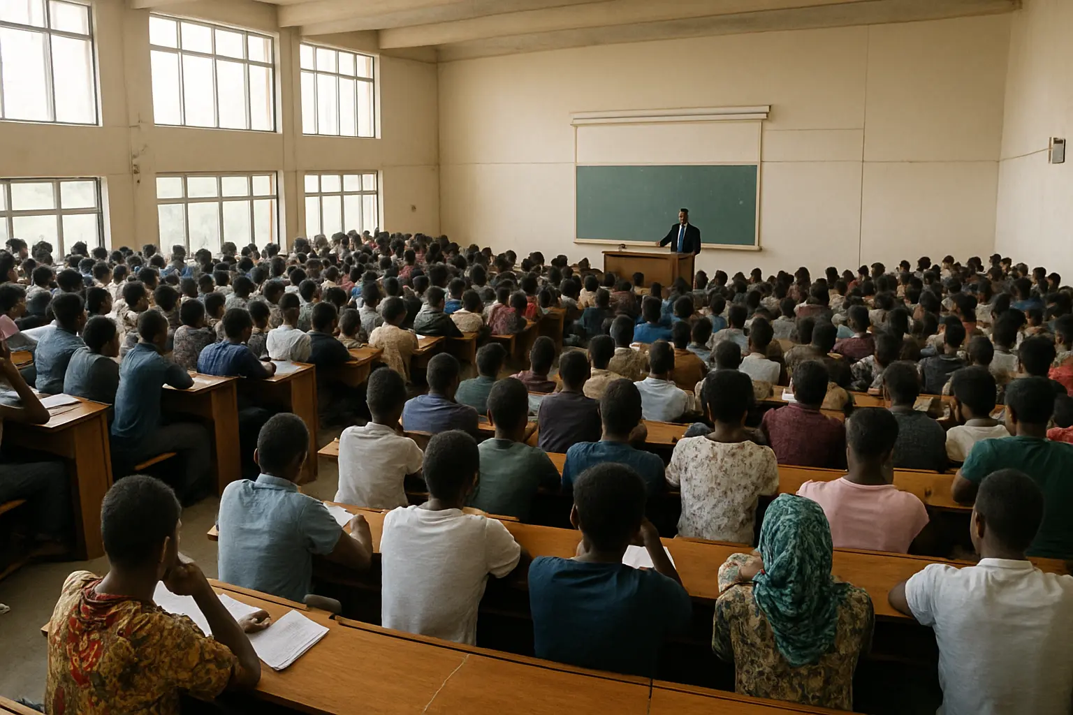 A packed Nigerian university lecture theatre with students filling every tiered row