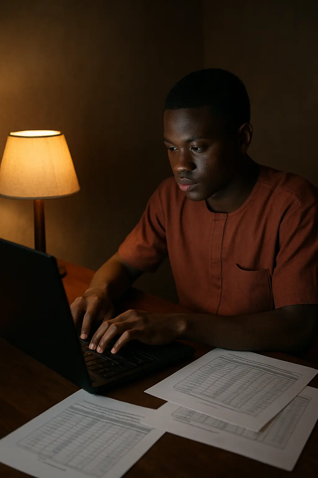 A Nigerian student typing a results chapter on a laptop at night beside printed tables