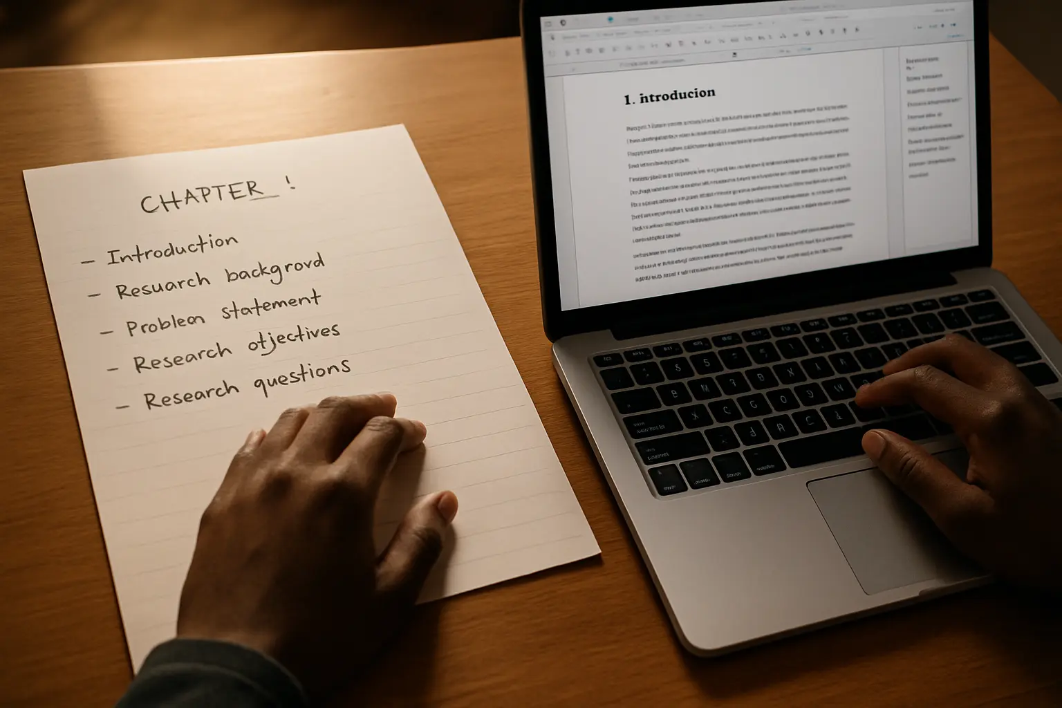 A handwritten chapter outline beside a laptop showing a structured draft with a citation panel