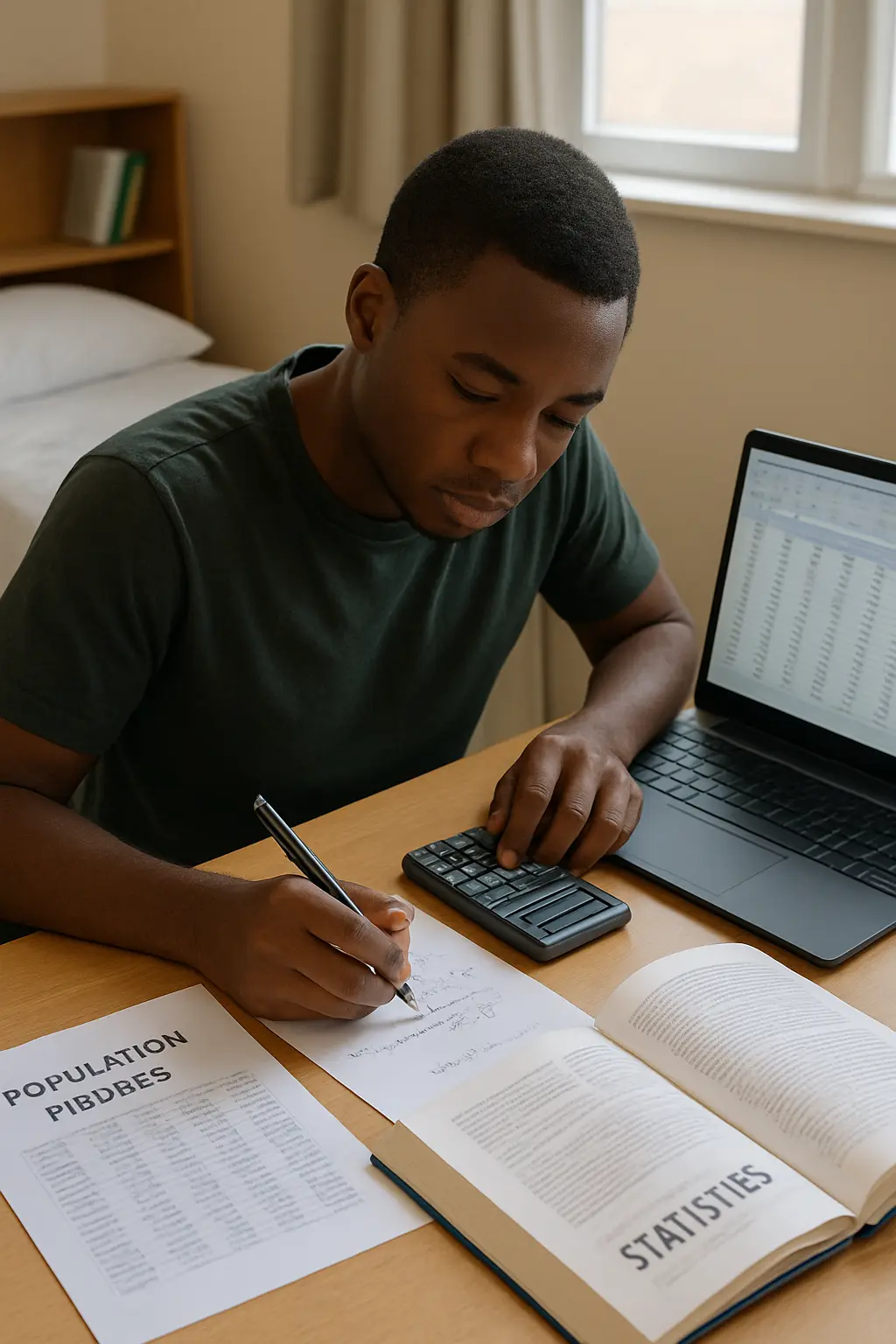 A Nigerian student calculating a sample size on paper beside a laptop spreadsheet of respondents