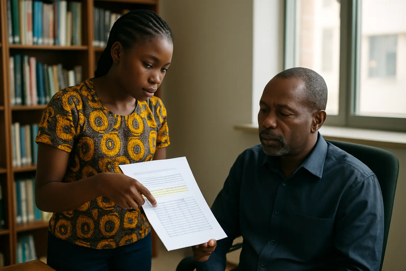 A Nigerian student showing a supervisor a printed gap statement backed by a search log