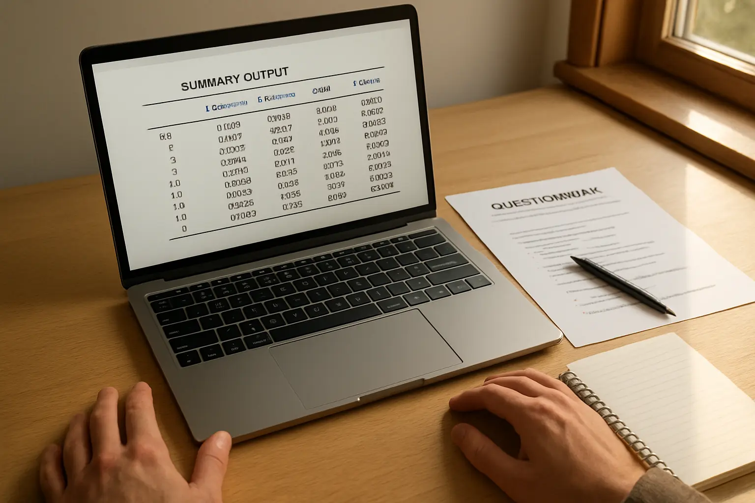 Statistical output tables on a laptop screen beside a printed questionnaire