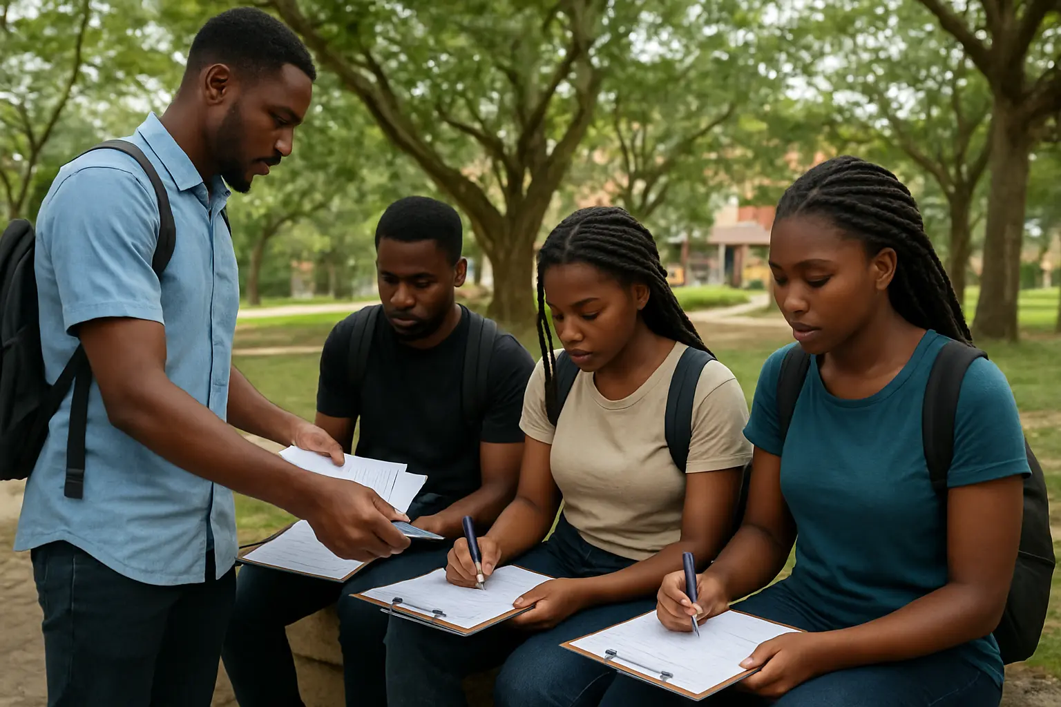 Nigerian undergraduates completing a printed marketing questionnaire on a university campus