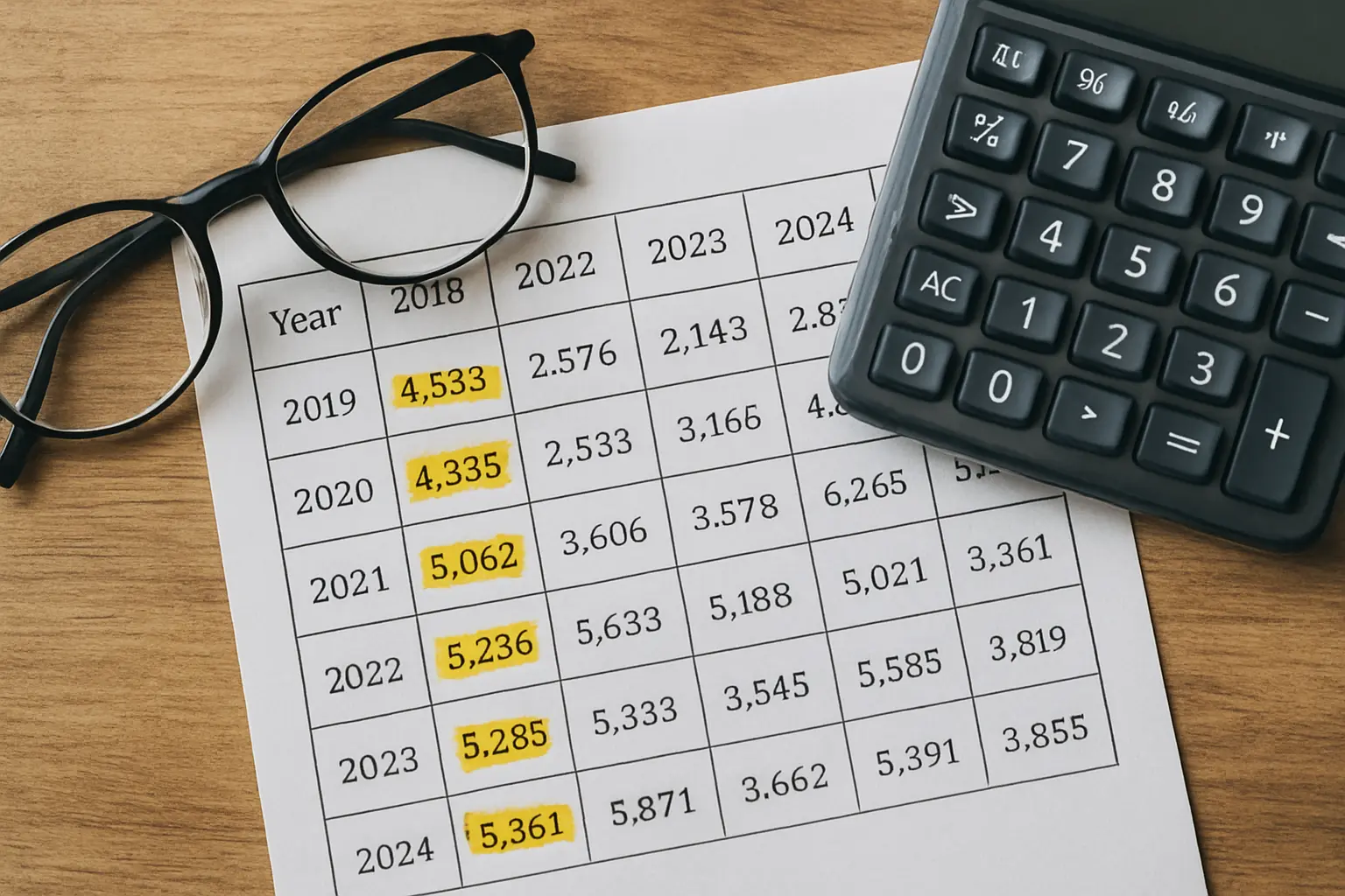 A printed statistical table with figures highlighted and the year column marked in pen beside a calculator