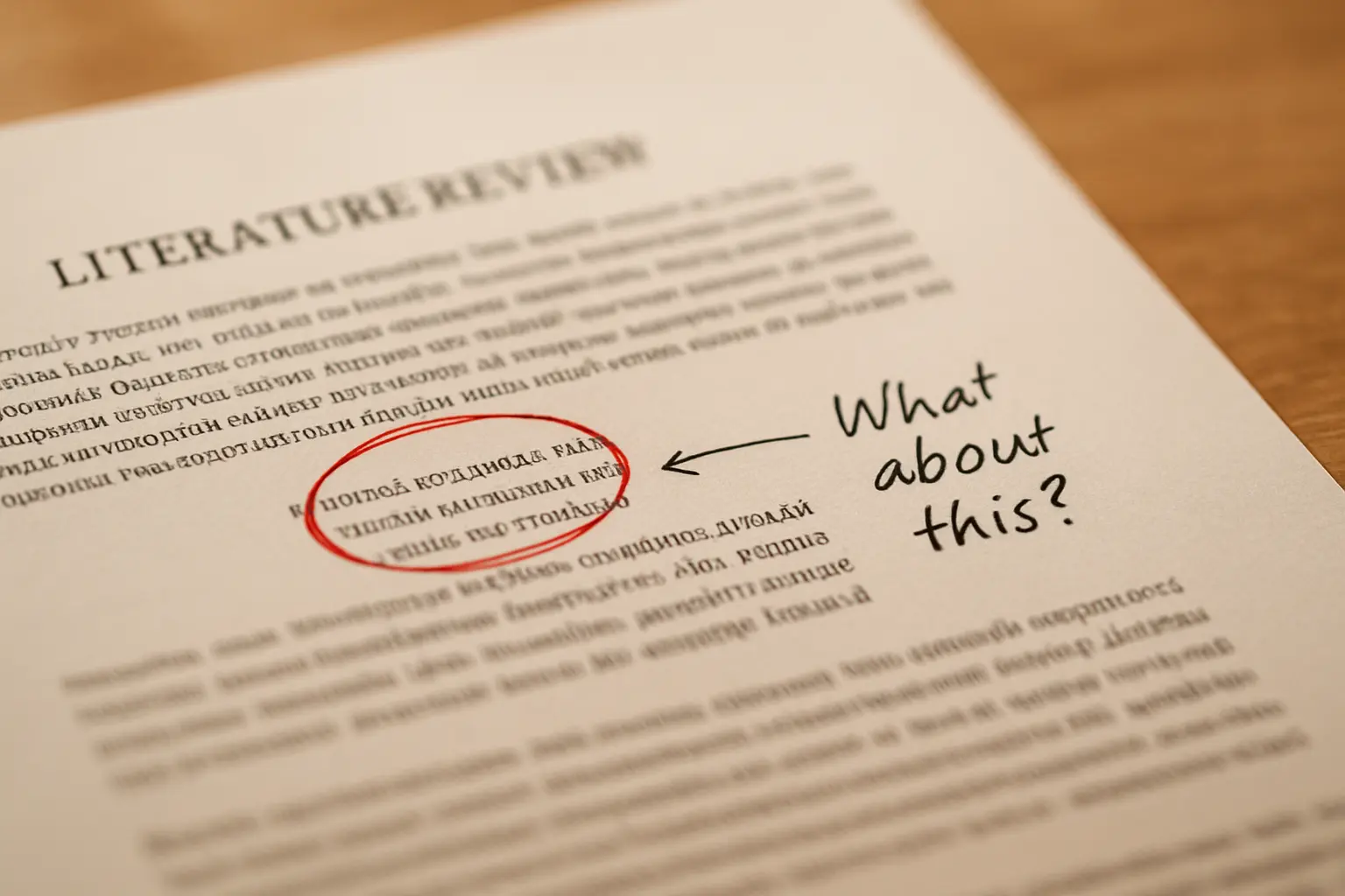 A supervisor's margin note beside a circled verb in a printed literature review