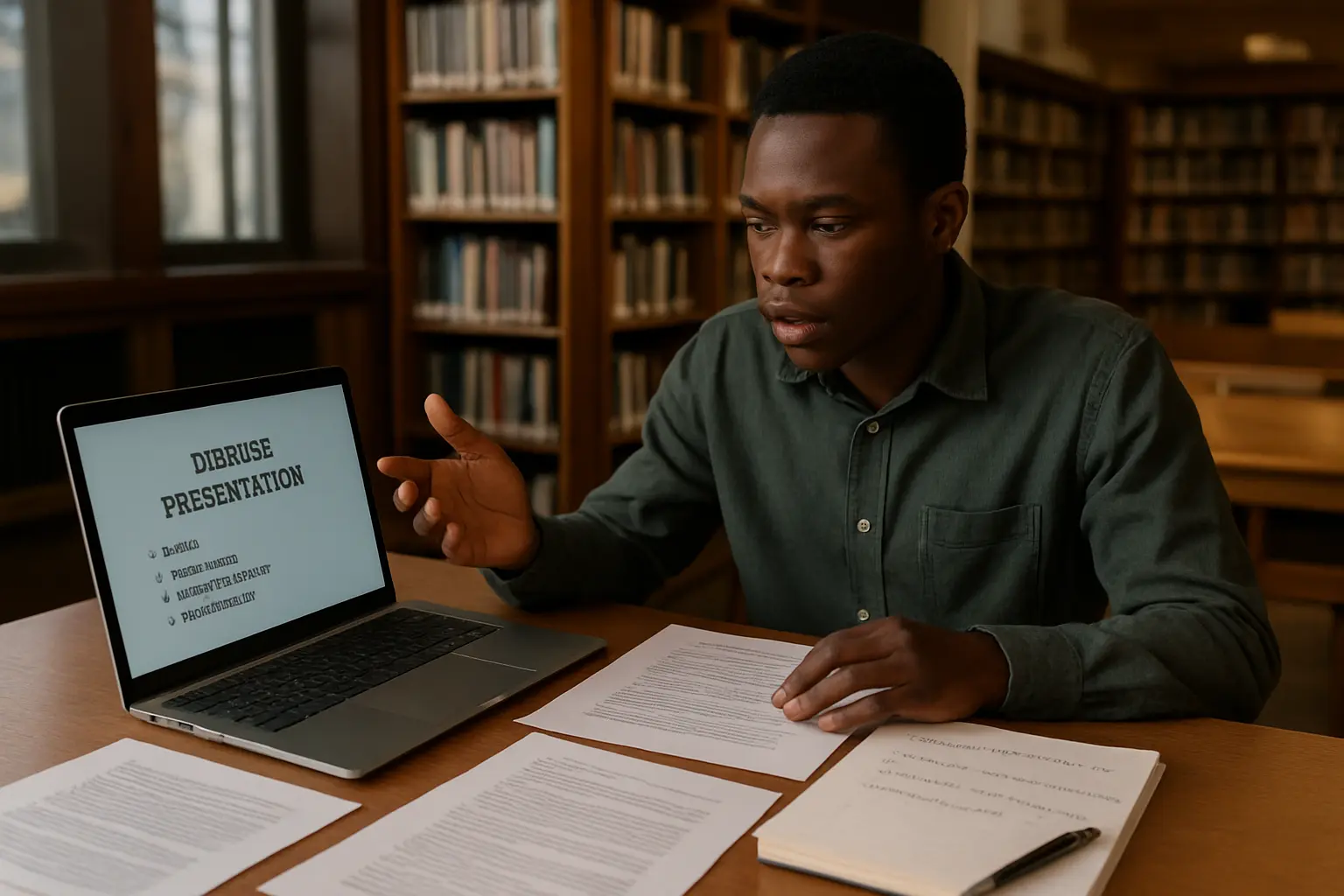 A Nigerian student rehearsing answers to defence questions with a laptop and printed chapters in a campus library