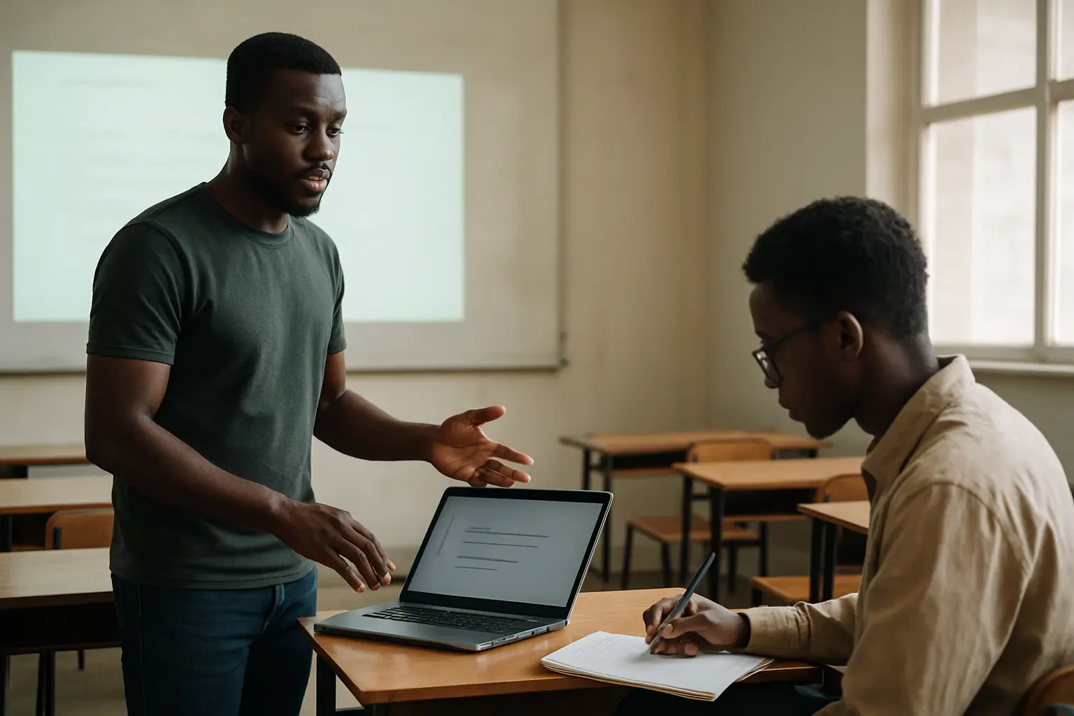 A Nigerian student rehearsing a project defence presentation in front of a coursemate