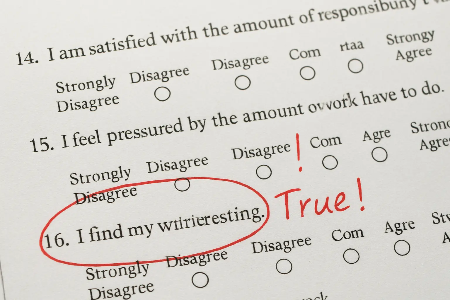 A printed questionnaire section with one weak item circled in red pen