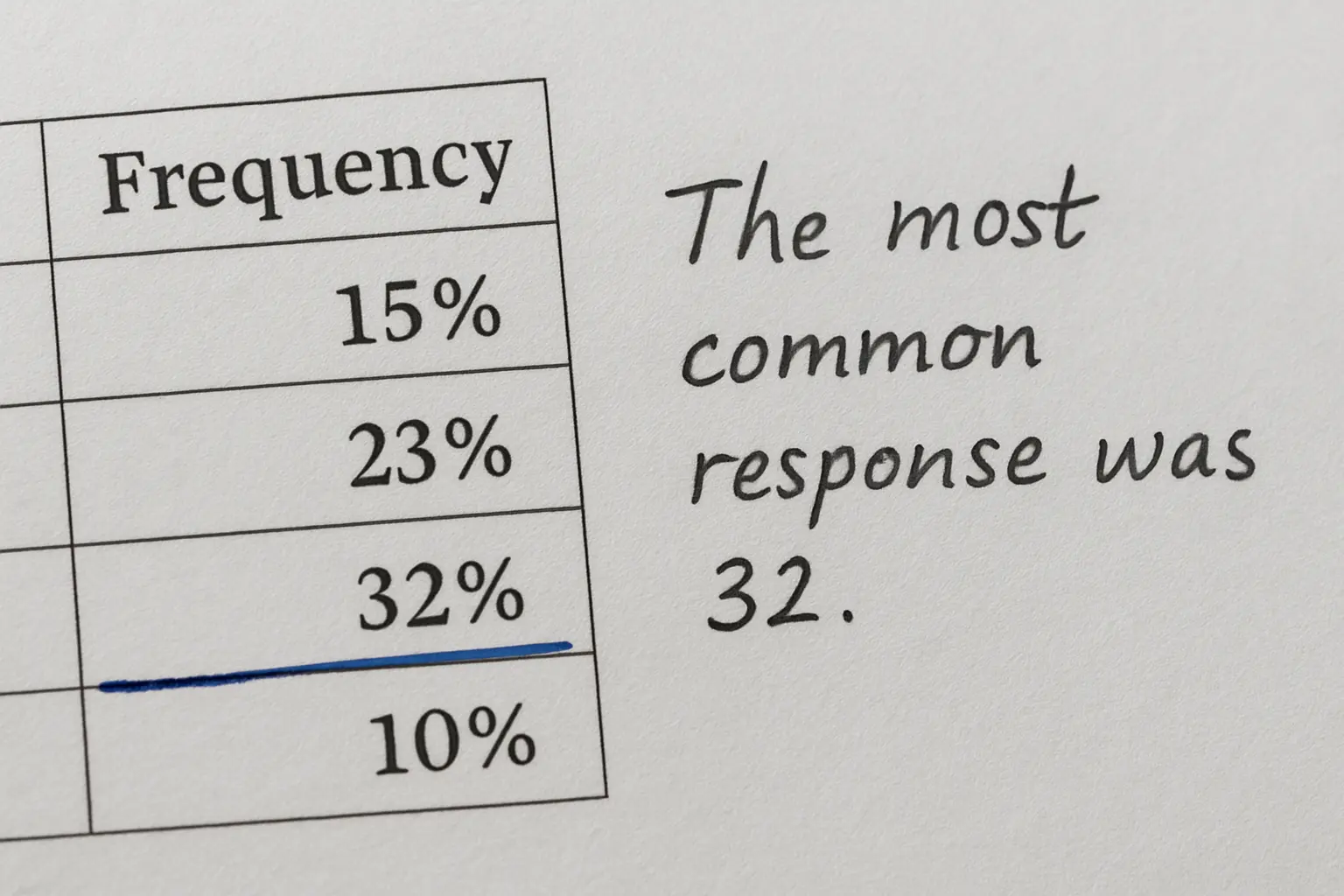 A printed frequency and percentage table with a handwritten interpretation in the margin