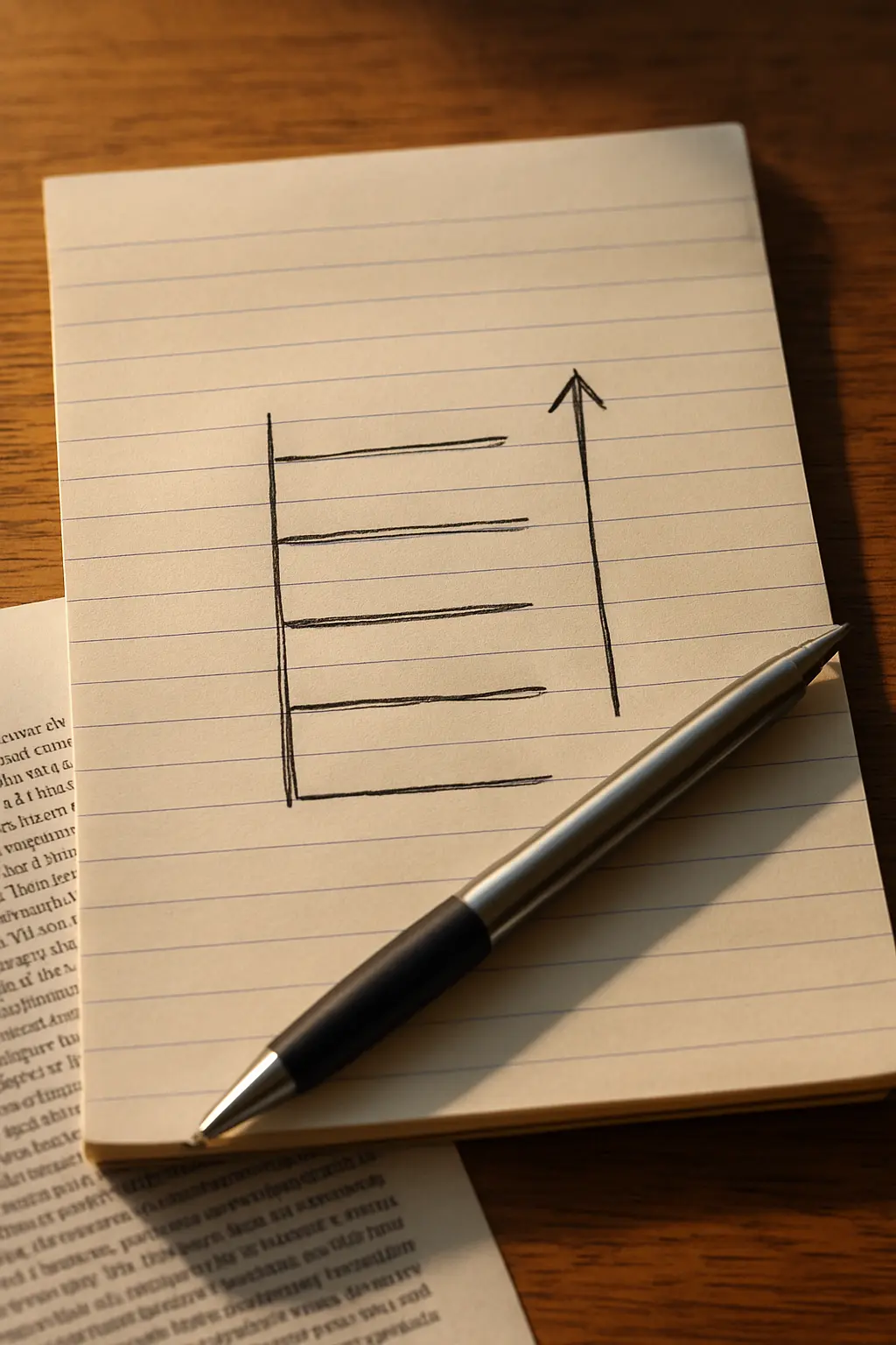 A handwritten ladder of sentence versions from weakest to strongest on a lined notepad