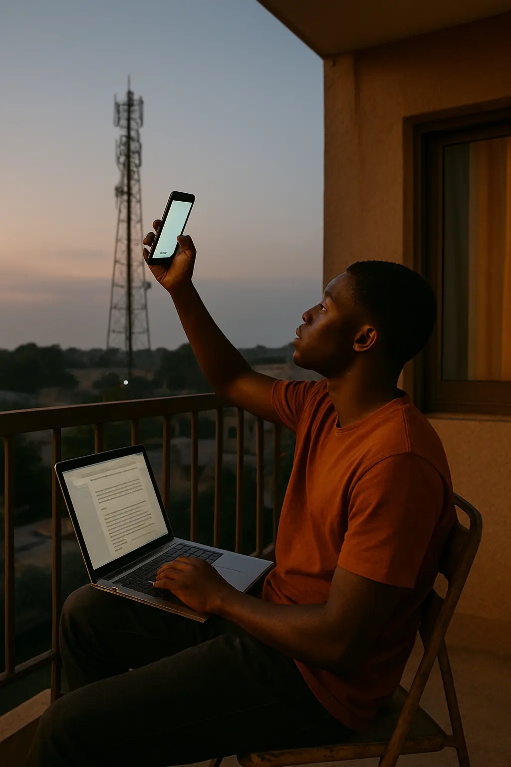 A Nigerian student on a hostel balcony holding a phone up for signal with a laptop on their knees