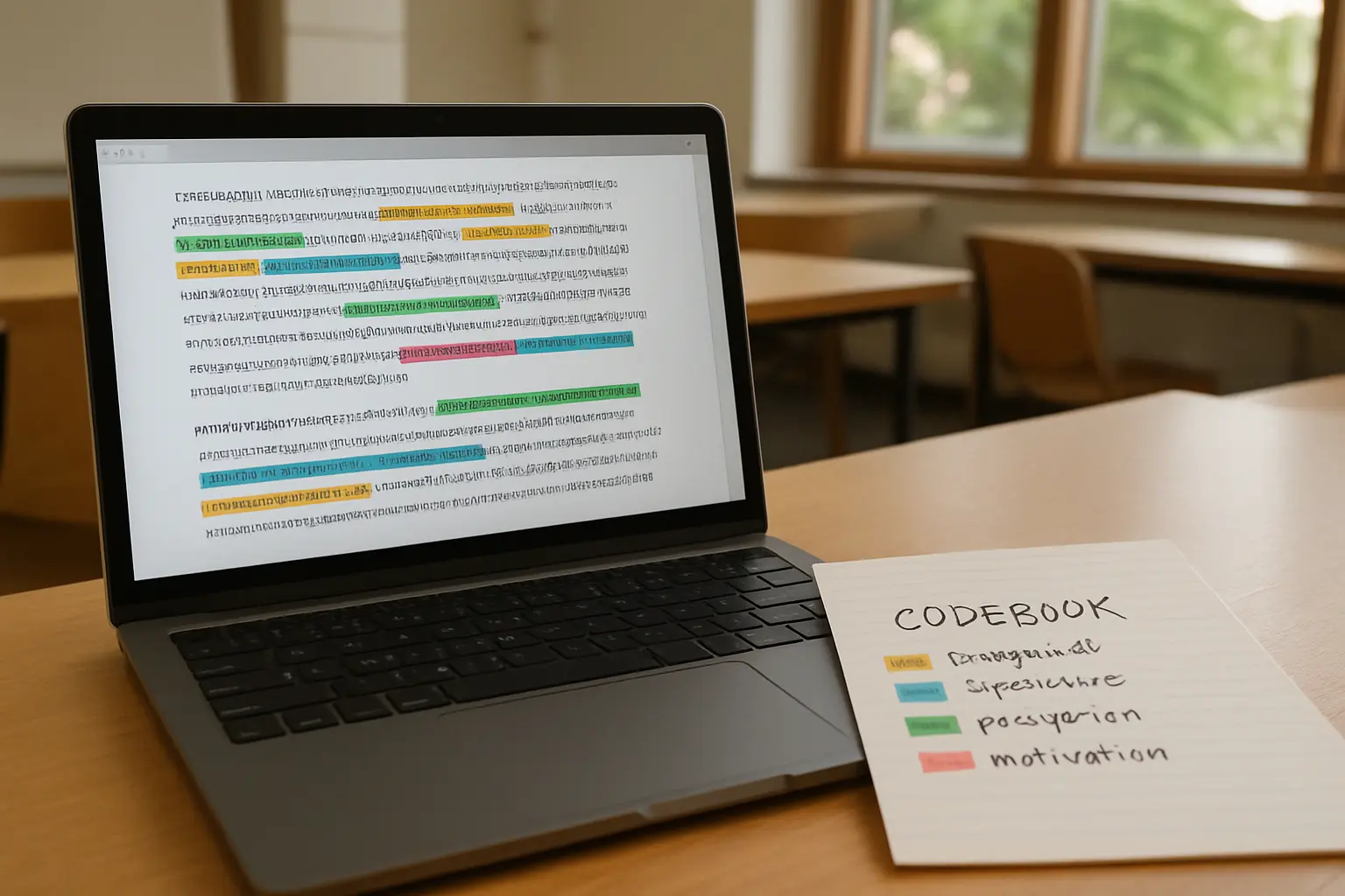 Coloured tags applied to passages of a transcript on a laptop beside a handwritten codebook of tag names