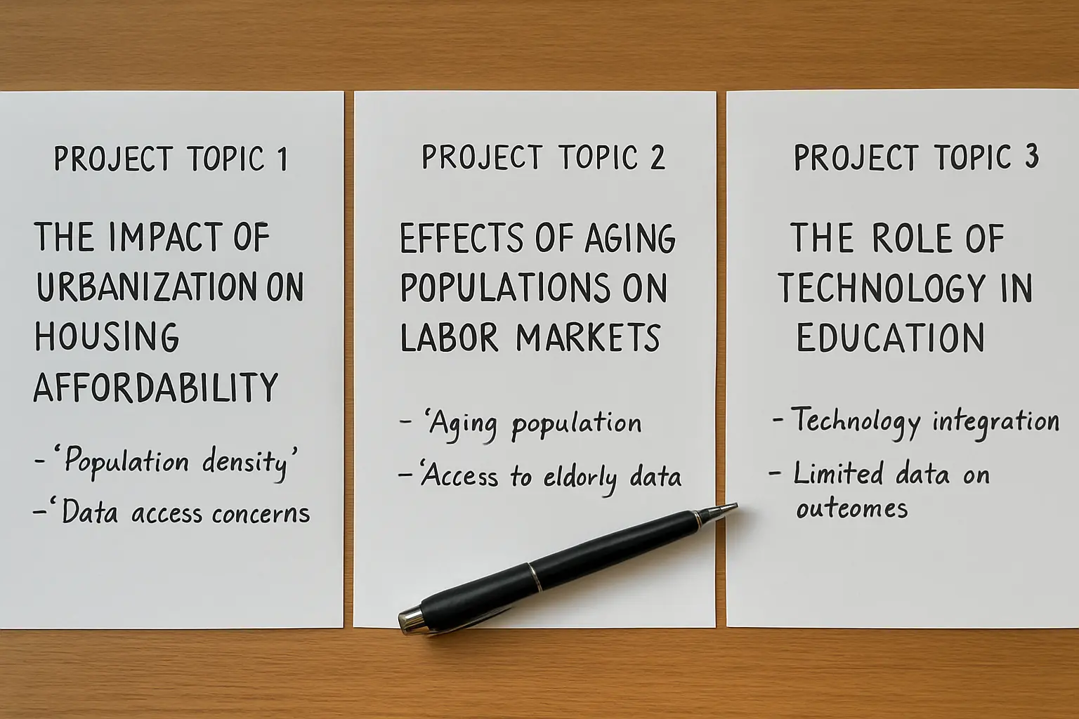 Three candidate project topics written on separate sheets and annotated with notes on population and data access