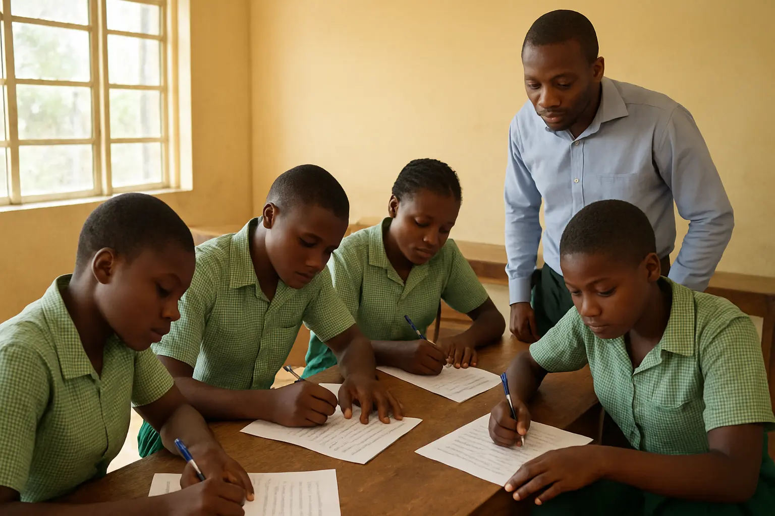 A small group of Nigerian students completing a pilot questionnaire at a table
