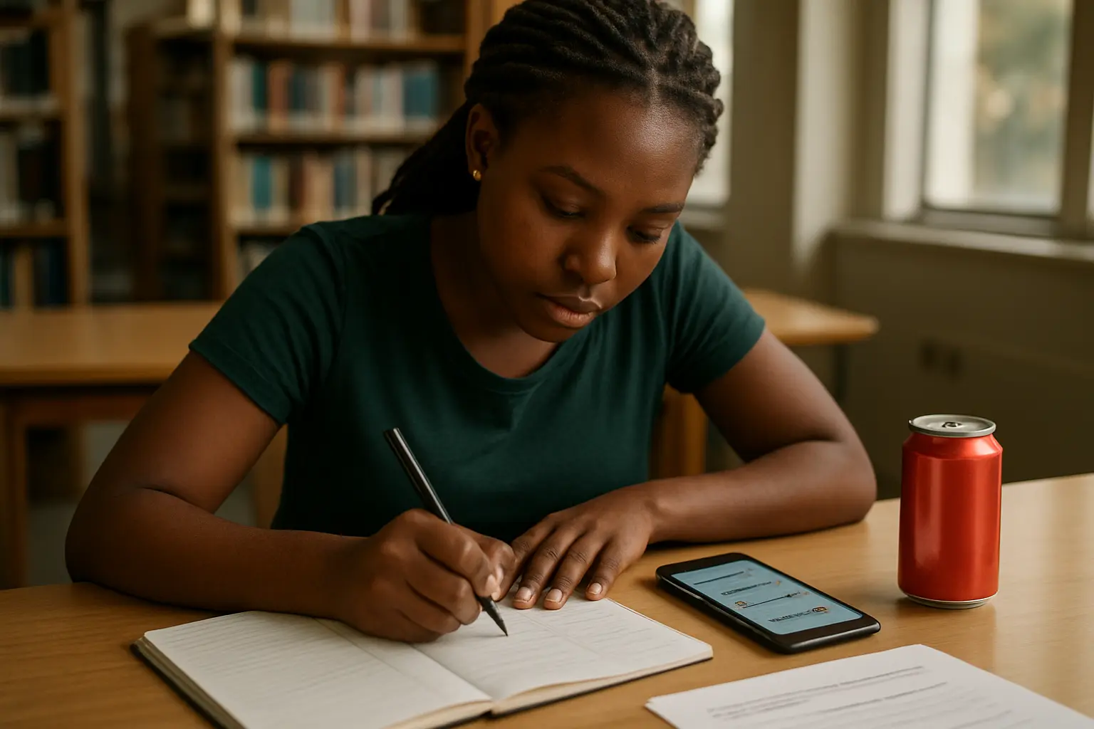 A Nigerian marketing student writing matched objectives, research questions and hypotheses in three columns on a notepad
