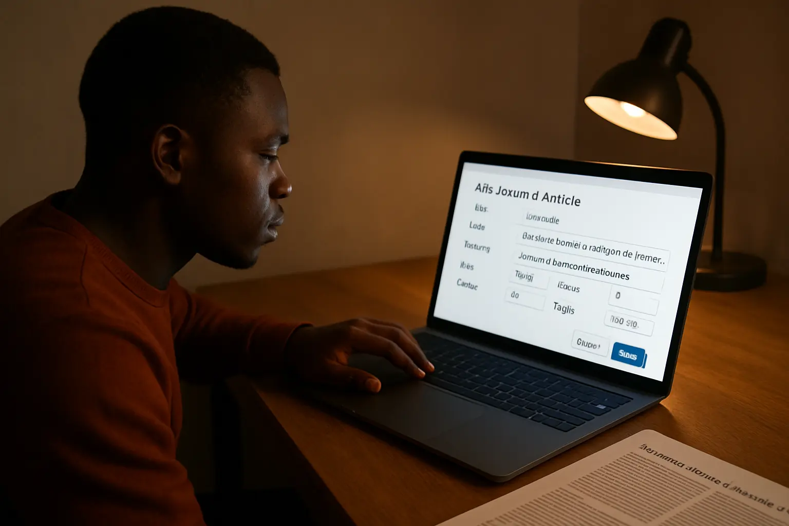 A Nigerian student adding a journal article record to a reference library on a laptop beside the printed article