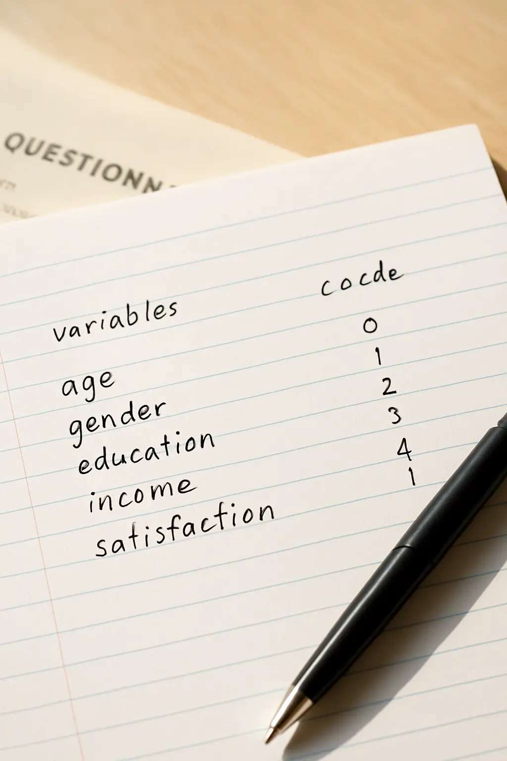 A handwritten codebook page mapping questionnaire answer options to numeric codes
