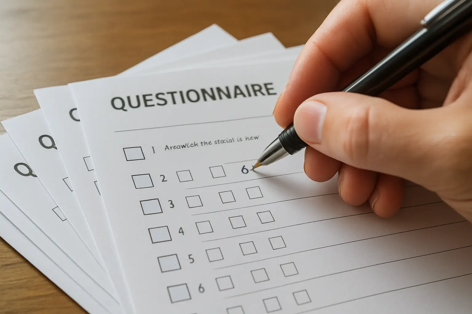 A stack of questionnaires with case numbers handwritten in the top corner of each