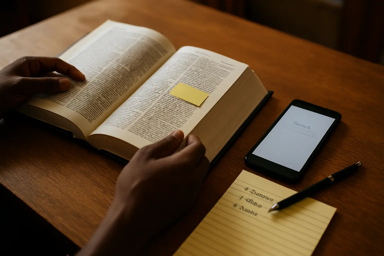 A Nigerian law student checking a cited case in a bound law report beside a phone search screen