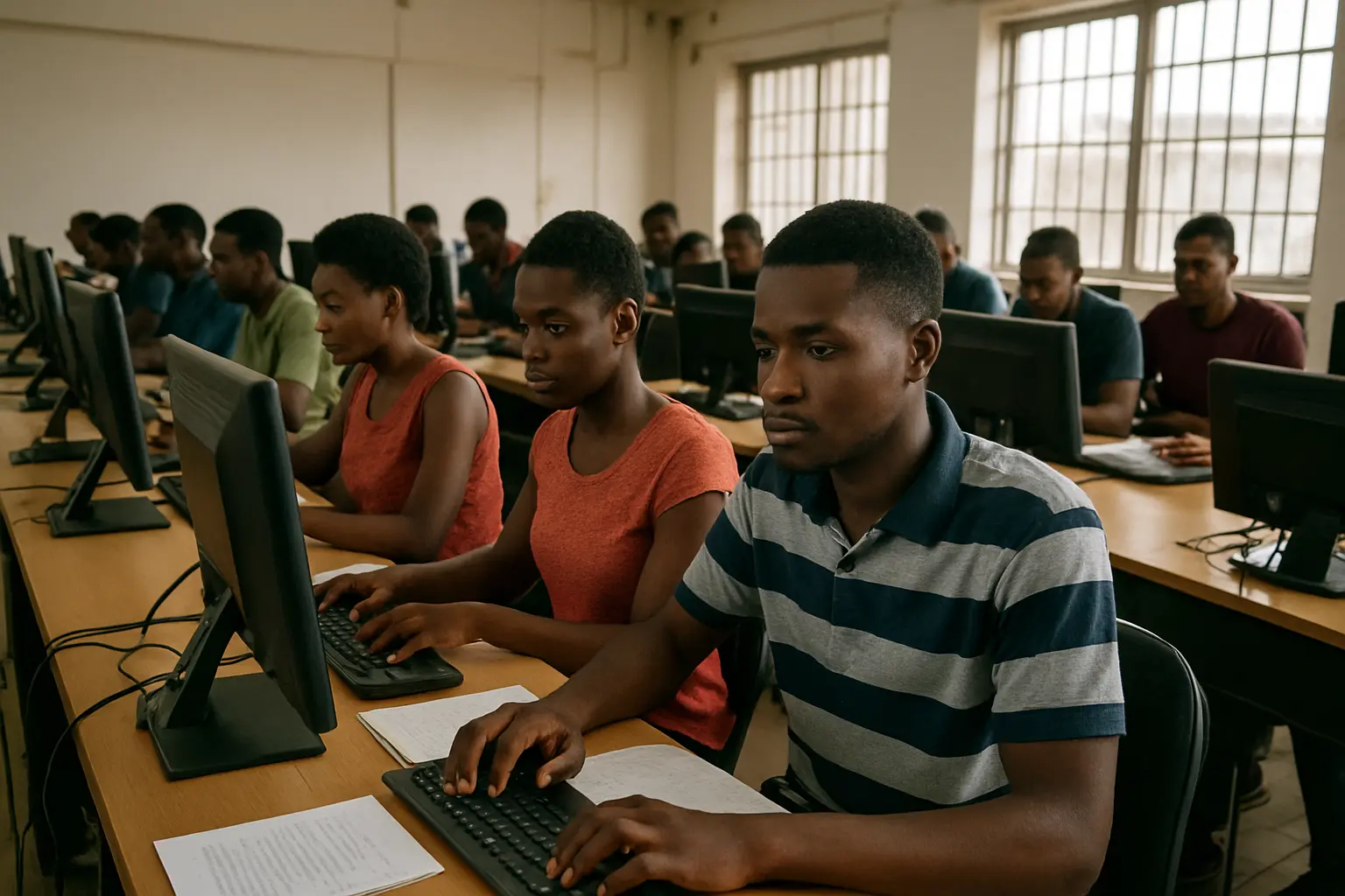 Nigerian students working at desktop computers in a university computer laboratory