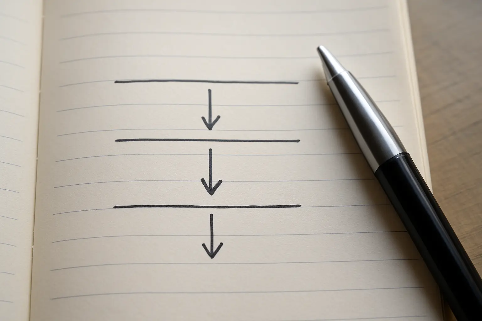 A notebook page narrowing a broad project topic through three progressively specific lines