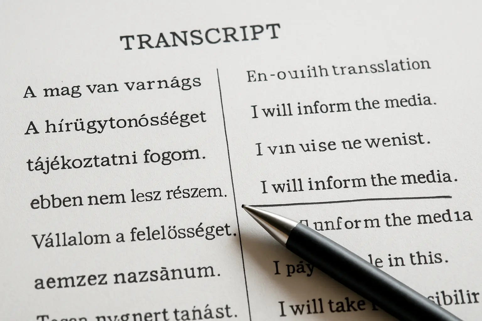 A transcript page with the original spoken words in one column and the English translation in the other